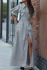 Aiertu - Elegant Plaid Pocket Frenulum Turndown Collar Shirt Dress Dresses Aiertu
