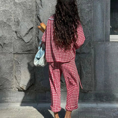 Aiertu - Red Plaid Lace Trim Pants Sets Woman Long Sleeve Lace-up Blouse+Elastic Waist Wide Leg Trouser Casual Fashion Home 2 Piece Set Aiertu