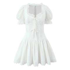 Aiertu - Sweet Beige Splice Lace Square Collar Bow Front Short Puff Sleeve Dress Women Lace Hem Low Waist Dresses Mini Cake Robe Aiertu