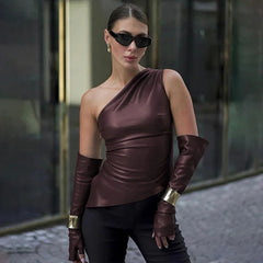 Aiertu - Fall Outfits 2026 Slim One Shoulder Leather Waistcoat With Gloves Women Sexy Sleeveless Irregular Vest 2026 Autumn New Lady Chic High Street Tops Aiertu