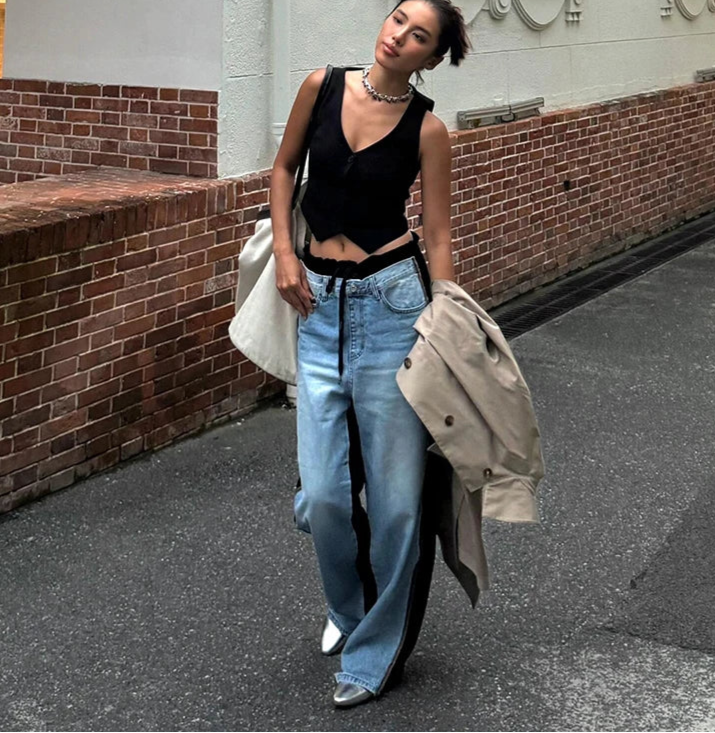 Aiertu - Retro Patchwork Knit Baggy Jeans Women Whiskers Straight Drawstring High Rise Wide Leg Denim Pants Grunge Streetwear Aiertu