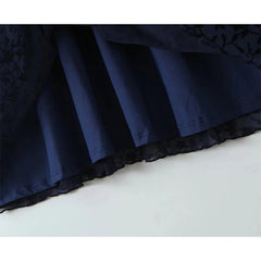 Aiertu - Summer Women Navy Blue Short Sleeve V Neck Floral Print Dress High Waist A-line Midi Mesh Vintage Dresses French Style Robe Aiertu