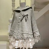 Aiertu - Women Preppy Style Two Pieces Set Y2K Aesthetic Bow Casual Knitted Tassels Hooded Grunge Fairy Lace Patchwork Short Skirts Suit Aiertu