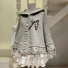 Aiertu - Women Preppy Style Two Pieces Set Y2K Aesthetic Bow Casual Knitted Tassels Hooded Grunge Fairy Lace Patchwork Short Skirts Suit Aiertu