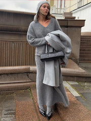 Aiertu - Solid Knitted Skirt 2 Piece Set Women Autumn Winter V Neck Long Sleeve Pullover Sweater+Long Skirts Elegant Fashion Vintage Sets Aiertu