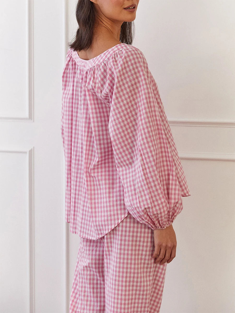 Aiertu - Women s Cozy Plaid Print Pajama Set with Long Lantern Sleeves and Elastic Waistband - Button Down Top and Lounge Pants for Fall Aiertu