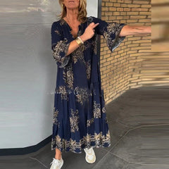 Aiertu - Elegant Deep V-neck Bohemian Long Dress Fashion Pattern Printed Pleated Party Dress Women Causal Long Sleeve Swing Beach Dress Aiertu