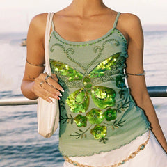 Aiertu - Y2k Women Sequin Tank Top Spathetti Strap Rhinestone Shirt Sparkle Glitter Butterfly Cami Crop Tops Going Out Streetwear Aiertu