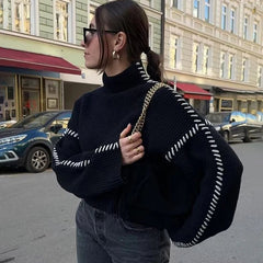Aiertu - Contrast Patchwork Topstitch Sweater Female Pullovers 2026 Autumn Round Collar Warm Knitted Top Chic Long Sleeve Loose Aiertu