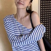 Aiertu - Blue and white striped sexy shoulder T-shirt women's summer thin design loose and thin versatile top Aiertu