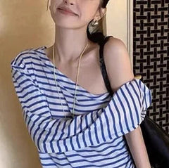 Aiertu - Blue and white striped sexy shoulder T-shirt women's summer thin design loose and thin versatile top Aiertu
