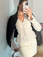 Aiertu - Chic Folds Long Puff Sleeve Shirts For Women Elegant Turn-down Collar Lace Up Blouse Summer Holiday Commute Street Beach Tops Aiertu