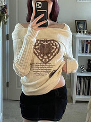 Aiertu -Vintage Print Irregular Neck Sweater aiertu