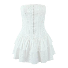 Aiertu - Sexy Women Black White Hollow Out Embroidery Strapless Dress Summer Cotton Fit And Flare Party Mini Robe Aiertu