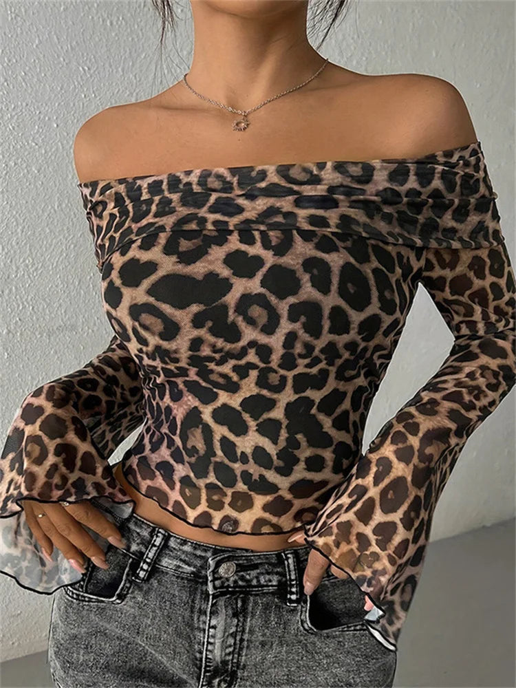 Aiertu - Leopard Printed Mesh T-shirt Top For Women Off-Shoulder Long Sleeve Cropped Y2k Top Pullover Contrast Female Slim Tee 2026 Aiertu