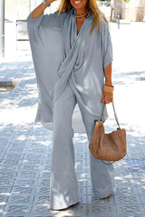 Aiertu - Casual Solid Patchwork Fold Asymmetrical V Neck Half Sleeve Two Pieces(6 Colors) Aiertu