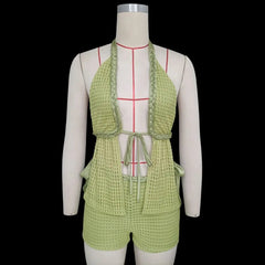 Aiertu - Chic Knit Bow Bandage Hollow Out Shorts Sets Women Sexy Backless Crop Tops Shorts 2 Piece Holiday Beach Covers Women Outfits Aiertu