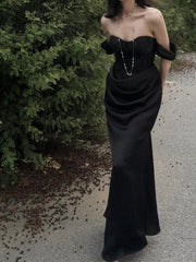 Aiertu - Formal Black Stitch Lace Satin Party Gown Women Maxi Boned Corset Sweetheart Mermaid Evening Dress Sexy Retro Clothes Aiertu