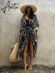 Beach Cover Ups for Swimwear Women Black Tie Dye Kimono Swimsuit Cape Summer Dress Beachwear Outfits Sales Aiertu