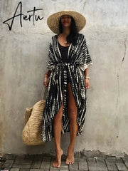 Beach Cover Ups for Swimwear Women Black Tie Dye Kimono Swimsuit Cape Summer Dress Beachwear Outfits Sales Aiertu