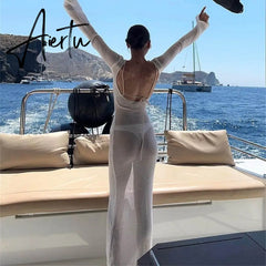 Beach Holiday Bikini Cover-Ups Dress Sun Protection Bodycon Chic Women Sexy Backless Long Dress Club Party Night Aiertu