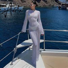 Beach Holiday Bikini Cover-Ups Dress Sun Protection Bodycon Chic Women Sexy Backless Long Dress Club Party Night Aiertu