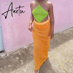 Beach Style Striped Knitted Maxi Skirts Summer Holiday Chic Women Sexy High Waist Pencil Long Skirt Bodycon Y2K Vintage Clothes Aiertu