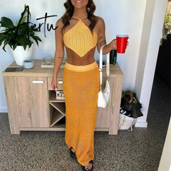 Beach Style Striped Knitted Maxi Skirts Summer Holiday Chic Women Sexy High Waist Pencil Long Skirt Bodycon Y2K Vintage Clothes Aiertu