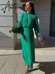 Beading Dark Green Stand Collar Flare Sleeve Satin Maxi Dress Party Women Elegant Long Spring Summer Robe Vestidos Aiertu
