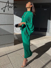 Beading Dark Green Stand Collar Flare Sleeve Satin Maxi Dress Party Women Elegant Long Spring Summer Robe Vestidos Aiertu
