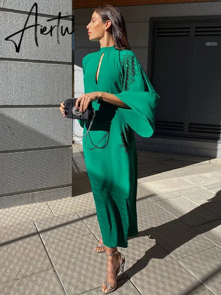 Beading Dark Green Stand Collar Flare Sleeve Satin Maxi Dress Party Women Elegant Long Spring Summer Robe Vestidos Aiertu