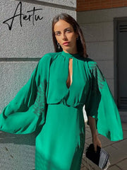 Beading Dark Green Stand Collar Flare Sleeve Satin Maxi Dress Party Women Elegant Long Spring Summer Robe Vestidos Aiertu