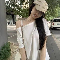 Aiertu - Spicy Girl Slant Shoulder Short Sleeve Loose T-shirt 2025 Women's Summer New Casual Irregular Solid Color Versatile Top Aiertu