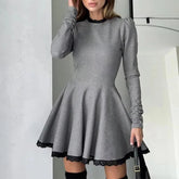 Aiertu - party look snspos Ruffle Lace Mini Dress Women O Neck Long Sleeve Slim A Line Short Dress High Waist Pullover Patchwork Party Y2k Dress Aiertu