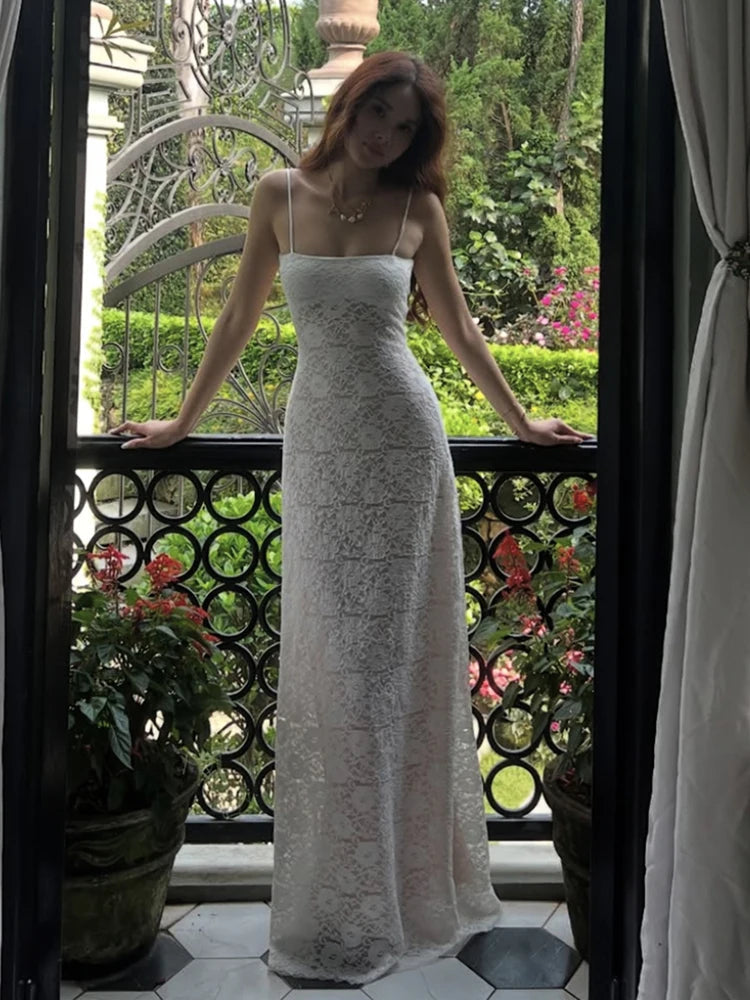 Aiertu - Elegant See Through Dress Women Backless Sleeveless Cross Lace-Up Spaghetti Strap Sexy Flower Motif Midnight Vestidos Aiertu