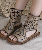 Aiertu Comfy Hollow Out Peep Toe Splicing Sandals Apricot Cowhide Leather Aiertu