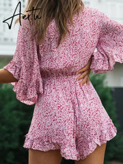 Bell Sleeve Floral Boho Playsuit Romper Spring Summer Women Beach Playsuit Elegant V Neck Pink Romper Women Fashion Aiertu