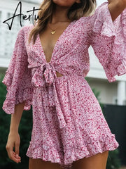 Bell Sleeve Floral Boho Playsuit Romper Spring Summer Women Beach Playsuit Elegant V Neck Pink Romper Women Fashion Aiertu