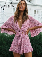 Bell Sleeve Floral Boho Playsuit Romper Spring Summer Women Beach Playsuit Elegant V Neck Pink Romper Women Fashion Aiertu