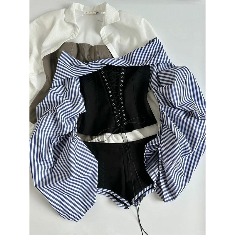 Aiertu Y2K Slash Neck Shirts Women Sexy Cropped Striped Patchwork Blouses Summer Korean Long Sleeve Corset Bandage Design Tops Aiertu
