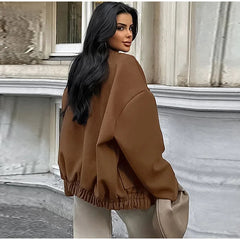 Aiertu - Loose Brown Bomber Coats Women Vintage Stand Collar Single Breasted Zipper Pockets Jacket 2026 Autumn New Lady Tops Outwear Aiertu