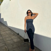 Aiertu - INS Fashion Deep Blue Appear Slim Off The Shoulder Zipper Bottom Slit Design Women Denim Strapless Dress ZATT 2025 Spring New Aiertu