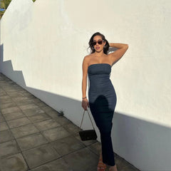 Aiertu - INS Fashion Deep Blue Appear Slim Off The Shoulder Zipper Bottom Slit Design Women Denim Strapless Dress ZATT 2025 Spring New Aiertu