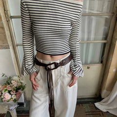 Aiertu - Women Classic Chic Striped Flare Sleeve Knit Top Frenchy Style Off Shoulder Oufit Fall Winter Knitwear Aiertu