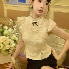 Aiertu - Korean Exquisite White Flying Sleeve Shirts Women Lace Kawaii Crop Tops Harajuku Preppy Style Hotsweet Girls Summer Blouse Lady Aiertu