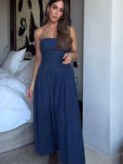 Aiertu - Strapless Denim Long Dress Sexy Backless Waist Cinched Cowboy Pleated Dresses Off Shoulder Street Trends Robes Women's Clothing Aiertu