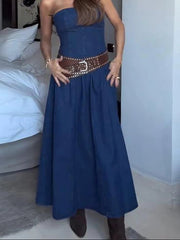 Aiertu - Strapless Denim Long Dress Sexy Backless Waist Cinched Cowboy Pleated Dresses Off Shoulder Street Trends Robes Women's Clothing Aiertu