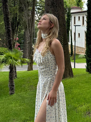 Aiertu - Blue Printed Lace Up Hollow Out High Split Maxi Dress Women Sexy Squar Collar Halter Wrap Waist Vestidos Fashion Elegant Robe Aiertu