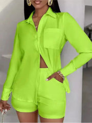 Aiertu Fashion Two Piece Outfits Women's Turn-down Collar Pocket Design Button Shirt Top & Shorts Set New Summer Women Solid 2pcs Sets Aiertu