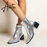 Big Size 34-48 Ankle Boots Women Silver Black Front Zipper Short Boots Ladies Thick Chunky Medium Heel Biker Boot Shoes Aiertu